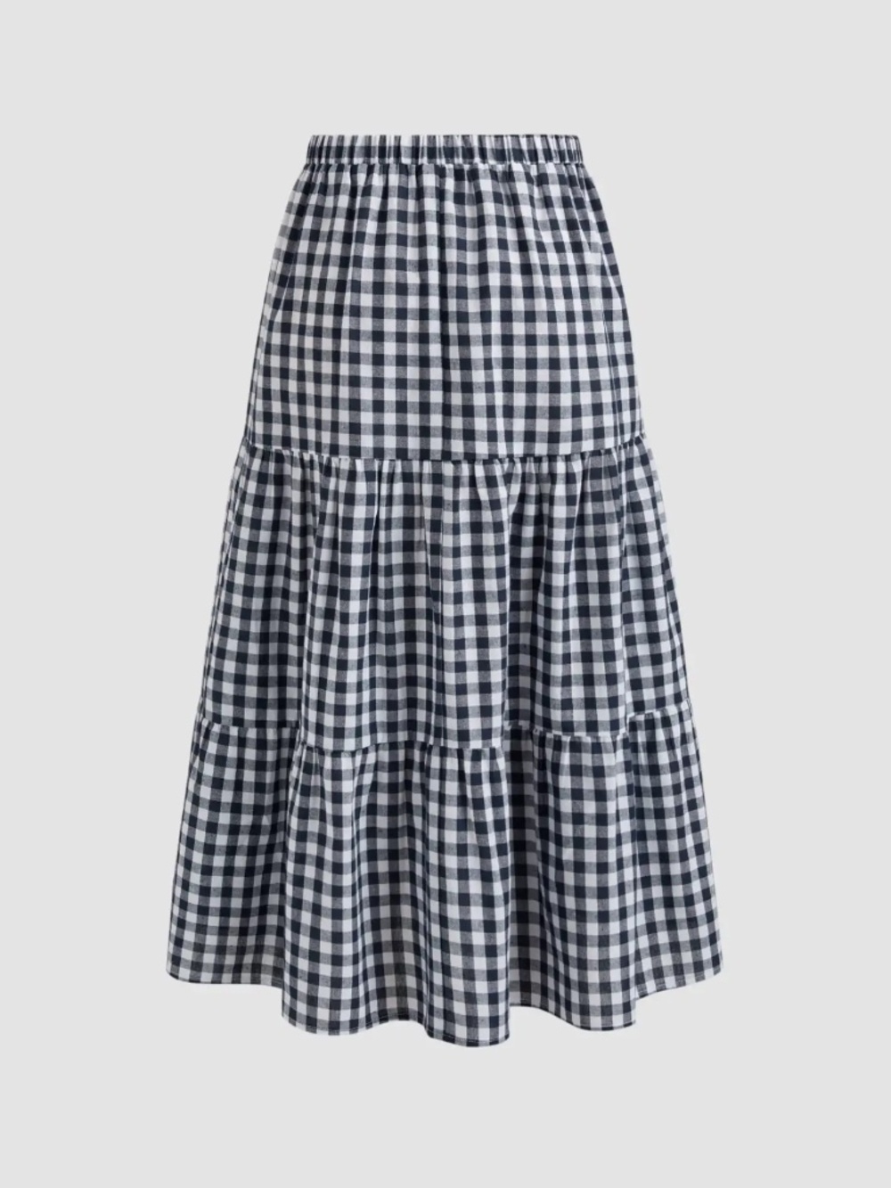 Cider Navy White WOVEN HIGH RISE GINGHAM TIERED MIDI SKIRT CottageCore